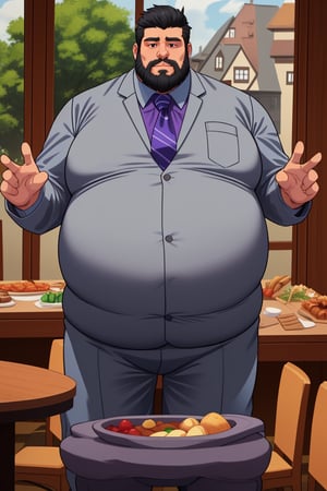 big_fat_belly, fancy_suit, stuffed belly, hyper_fat, big_belly, full belly, oversized belly, overstuffed belly, big_belly_padding, royalty, pregnant_belly, big_bloated_belly, large belly, long beard, black-hair, long beard, big belly, king size belly, tiny head, big body, small hand's, small leg's, small arm's, dinning room, royalty, provided, tree piece suit, massive_belly, gigantic belly, purple tie, light blue suit, grey_shirt, blue sweater vest, grey Pants, professor, debonair, Germany male