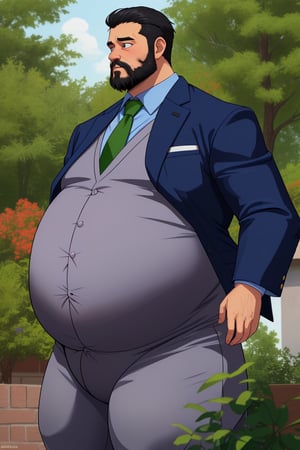 big_fat_belly, fancy_suit, suit, hyper_fat, big_belly, tree_piece_suit, debonair, massive_belly, gigantic _belly, _jacket, purple_neck_tie, navy_blue_shirt, white_vest, black_hair, beard, big_belly_padding, royal, pregnant_belly, big_bloated_belly, king size belly, big boss, Italian male