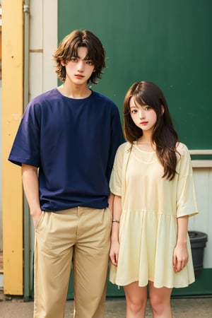 1boy,short hair,and 
1 cute girl wearing casual clothes,long hair,standing next to each other 