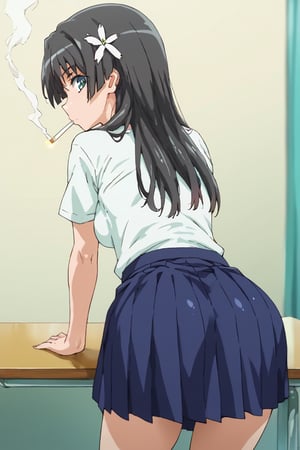 high definition, ruiko saten, smoking cigarrette,  wearing skirt, T-shirt, bending over looking back over her shoulder at the viewer