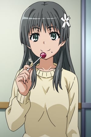  high definition, ruiko saten, smoking, Gyaru style, smile, big sweater, eating candy lollipop
