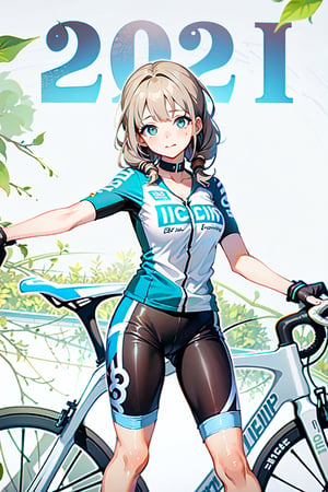 (((masterpiece))),  (((best quality))),  (((riding a road bike))), 8k quality ,  ( white cycling shorts:1.5),   1girl,  collarbone,  slim,  cleavage, ((very  cute face)), ((big tits)),  sweat,  ribbon,  wet hair,  twintails,  shy,  blush,  wet body, (all body :1.5)
((detailed road bike:1.2)), (all load bike:1.2), ((detailed handles)),(((A full photo of her and her road bike :1.5))),