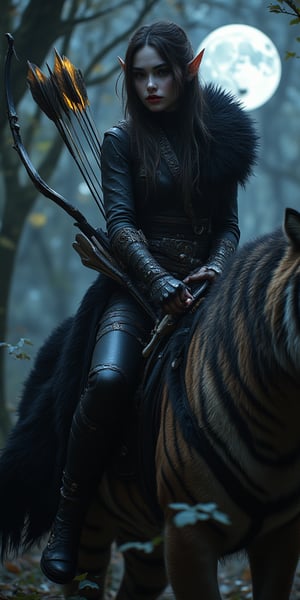 High quality, realistic pictures, 4k, masterpiece, realistic skin, Cloven forest twilight, Cylene Blackarrow, an elite elven ranger, commando, and ninja,You hold a bow and a golden ablaze arrow that aims the arrow towards the trees,Red lips , pale white skin,rides her tiger mount, as the moon casts an eerie glow on the foliage. Her black  steel-hy clothes blend with the shadows, while her fur cape flows like a dark river behind her. Multiple belts adorn her physique, each holding a deadly weapon or tool of her primal huntress trade. The phanter's ferocious , ready to pounce at a moment's notice.,aidmaMJ6.1