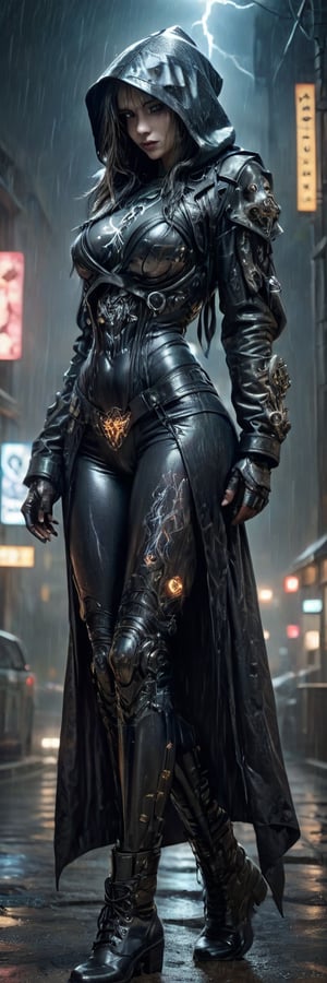 Full body portrait of one girl, robotic limbs, walking in heavy rain, (((mysterious pose))), lightning flash, stormy night, under street lights, jeans, silver leather corset, long hooded jacket, thigh-high boots, perfect round pale white, surreal biomechanics, dreamlike atmosphere, super details, perfect composition, alcohol ink, rich colors, beautiful colors, symmetrical, beautiful lighting, reflections, fine threads, masterpiece, amazing, beautiful, gothic, nightmarish, strange, fantasy gothic, cubes fragmented parts, embroidery design, calligraphy inks, surreal atmosphere, digital structures create, tribal culture, intricate and inspiring designs, high detail, detailed cosmic background, on the back is written on the sign "FM"