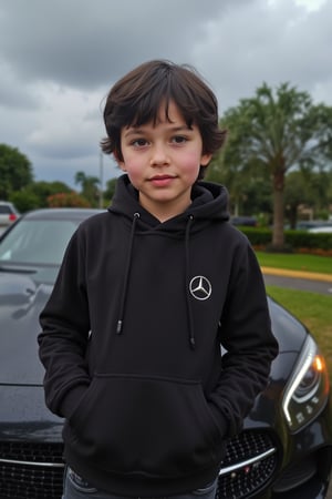 Realistic image, real image, 4K high resolution,full body,Beautiful 11-year-old boy, medium black hair, purple eyes, pornomic white skin, wearing a black daughter-in-law, shaving shave, red cheeks, small boys, black jeans, the back of a fantastic Mercedes,scenary,realistic,rain,cloud,nineten