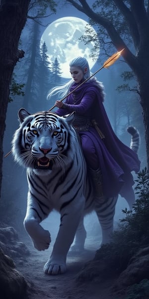 Cloven forest twilight, Cylene Blackarrow, an elite elven ranger, commando, and ninja,You hold a bow and a golden ablaze arrow that aims the arrow towards the trees,Red lips , pale white skin,rides her tiger mount, as the moon casts an eerie glow on the foliage. Her purple  steel-hy clothes blend with the shadows, while her fur cape flows like a dark river behind her. Multiple belts adorn her physique, each holding a deadly weapon or tool of her primal huntress trade. The phanter's ferocious , ready to pounce at a moment's notice.