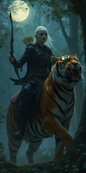 High quality, realistic pictures, 4k, masterpiece, realistic skin, Cloven forest twilight, Cylene Blackarrow, an elite elven ranger, commando, and ninja,You hold a bow and a golden ablaze arrow that aims the arrow towards the trees,Red lips , pale white skin,rides her tiger mount, as the moon casts an eerie glow on the foliage. Her black  steel-hy clothes blend with the shadows, while her fur cape flows like a dark river behind her. Multiple belts adorn her physique, each holding a deadly weapon or tool of her primal huntress trade. The phanter's ferocious , ready to pounce at a moment's notice.