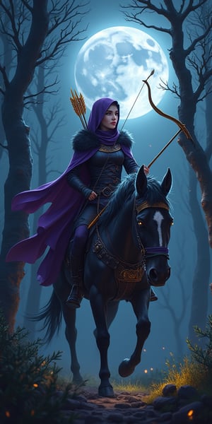 Cloven forest twilight, Cylene Blackarrow, an elite elven ranger, commando, and ninja,You hold a bow and a golden ablaze arrow that aims the arrow towards the trees,Red lips , pale white skin,rides her horse mount, as the moon casts an eerie glow on the foliage. Her purple  steel-hy clothes blend with the shadows, while her fur cape flows like a dark river behind her. Multiple belts adorn her physique, each holding a deadly weapon or tool of her primal huntress trade. The phanter's ferocious glowing eyes pierce through the darkness as it surveys its surroundings, ready to pounce at a moment's notice.