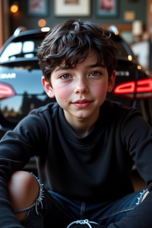 Realistic image, real image, 4K high resolution,Beautiful 11-year-old boy, medium black hair, purple eyes, pornomic white skin, wearing a black daughter-in-law, shaving shave, red cheeks, small boys, Ripped jeans, the back of a fantastic Mercedes,