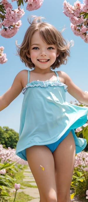 Captivating photograph of a cherubic little boy with striking facial features, his bright blue eyes shining like sapphires amidst long eyelashes and windswept brown hair. He's in full sprint, face aglow with joy, as fluttering swallowtail butterflies, mischievous elves, and birds dance around him amidst a whirlwind of cherry blossoms. The background is a stunning clear blue sky, with the air thick with speed and magic. Depth of field expertly captures every detail, from the boy's joyful smile to the delicate petals swirling around him.