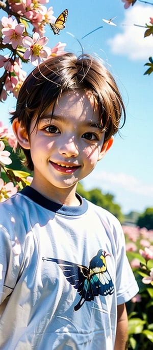 Captivating photograph of a cherubic little boy with striking facial features, his bright blue eyes shining like sapphires amidst long eyelashes and windswept brown hair. He's in full sprint, face aglow with joy, as fluttering swallowtail butterflies, mischievous elves, and birds dance around him amidst a whirlwind of cherry blossoms. The background is a stunning clear blue sky, with the air thick with speed and magic. Depth of field expertly captures every detail, from the boy's joyful smile to the delicate petals swirling around him.