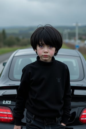 Realistic image, real image, 4K high resolution,full body,Beautiful 11-year-old boy, medium black hair, purple eyes, pornomic white skin, wearing a black daughter-in-law, shaving shave, red cheeks, small boys, black jeans, the back of a fantastic Mercedes,scenary,realistic,rain,cloud