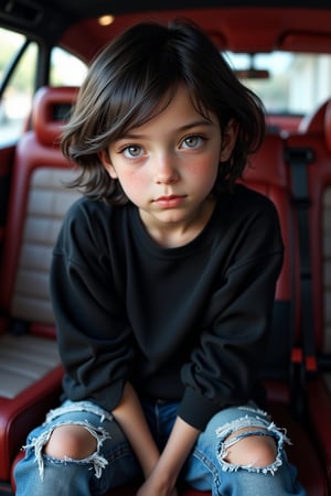 Realistic image, real image, 4K high resolution,Beautiful 11-year-old boy, medium black hair, purple eyes, pornomic white skin, wearing a black daughter-in-law, shaving shave, red cheeks, small boys, Ripped jeans, the back of a fantastic Mercedes,