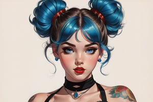 young girl with expressive azure blue eyes, hair styled into two messy buns
Modifiers:
modern colorful illustration style Coby Whitmore ART VINTAGE 1950s fashion illustration,THREE-QUARTER BODY, she has large breasts and has a tattoo on her shoulder, she wears a black choker with a red gemstone.