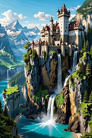 (long_shot:1.3), (masterpiece), (best_quality:1.4), More Detail,  Realism,  Photorealism, 

Castle, surrounded by lake, at the bottom of a mountain and a massive waterfall falls on both sides of the castle into the lake 