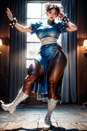 Detailedeyes,  Detailedface,  More Detail,  Realism,  Photorealism, 

1girl,  solo,  woman,  30yo,  (chun li, chun-li), milf,  beauty, chinese, stout, thick,

((blue dress, short_sleeves, pelvic curtain, spiked bracelet, sash, brown pantyhose), white laceup boots)),

{(hourglass_figure, huge_breasts:1.6, bursting breasts:1.4, voluptuous,  curvy_figure,  curvaceous),  (athletic,  muscular:1.4,  abs, muscular arms:1.2,  muscular legs:1.6)},
{(brown eyes,  bright_pupils),  makeup,  lips,  lipstick,  moist_skin}, 
 
{(brown hair, short hair, (double bun), bun cover)}, 

{kung-fu},

{(background,  kung-fu dojo, tatami_mats, blurry)},  (beautiful_face:1.5),  (full_body:1.6),  (masterpiece,  best quality:1.4)