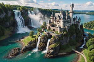 (long_shot:1.3), (masterpiece), (best_quality:1.4), more detail XL,  Extremely Realistic,  Photorealism,

{(large (Castle) on an island surrounded by a (lake), a (massive waterfall) falls into the lake)}