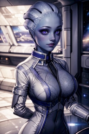 (full_shot:1.5), (full_body:1.7), (masterpiece), (best_quality:1.4), Detailedeyes, Detailedface, better_hands, More Detail, Realism, Photorealism,
 
1girl, (solo:1.2), mature_woman, 30yo, ((Liara)), milf,

{(white_bodysuit)},

{((hourglass_figure), (large_breasts:1.3), voluptuous, curvy_figure, curvaceous, (toned, fit))},

{((ff8bg), background, scifi, high-tech, (space_station|spaceship), command_deck)}, {(standing)},

{(beautiful_face:1.5), (purple_eyes), bright_pupils, makeup, smile)}, 