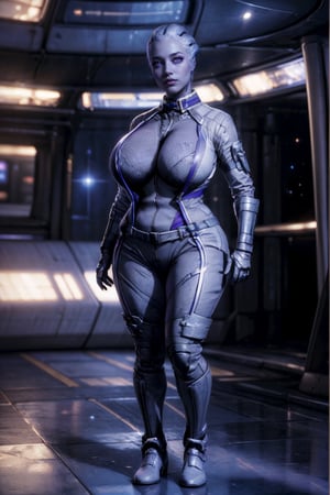 (full_shot:1.5), (full_body:1.7), (masterpiece), (best_quality:1.4), Detailedeyes, Detailedface, better_hands, More Detail, Realism, Photorealism,
 
1girl, (solo:1.2), mature_woman, 30yo, ((Liara)), milf,

{(bodysuit)},

{((hourglass_figure), (large_breasts:1.3), voluptuous, curvy_figure, curvaceous, (toned, fit, muscular_female))},

{((ff8bg), background, scifi, high-tech, (space_station|spaceship), command_deck)}, {(standing)},

{(beautiful_face:1.5), (purple_eyes), bright_pupils, makeup, smile)}, 