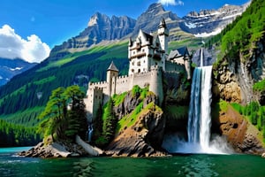 (long_shot:1.3), (masterpiece), (best_quality:1.4), More Detail,  Realism,  Photorealism, 

Castle, surrounded by lake, at the base of a mountain and a massive waterfall falls from the mountain on both sides of the castle into the lake