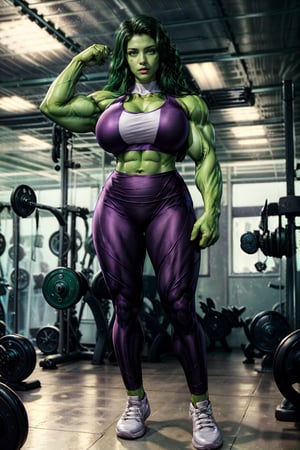 Detailedeyes,  Detailedface,  More Detail,  Realism,  Photorealism, 

1girl,  (solo:1.2),  woman,  30yo,  ((shehulk, she hulk(marvel))), milf,  beauty, (dark green skin),

{((purple and white sports bra, halter top)), ((purple yoga pants)), ((bare_shoulders, sleeveless)), (white and purple high tops)},

{(hourglass_figure,  large_breasts:1.4, voluptuous,  curvy_figure,  curvaceous),  (athletic,  abs, muscular:1.2,  muscular_female, muscular arms:1.2,  muscular legs:1.4)},
{(green eyes,  bright_pupils),  makeup,  (smile)}, 
 
{(green_hair, long_hair, side_part, shiny_hair)}, 

{(background, gym, blurry)},  (beautiful_face:1.5),  (full_body:1.6),  (masterpiece,  best quality:1.4)