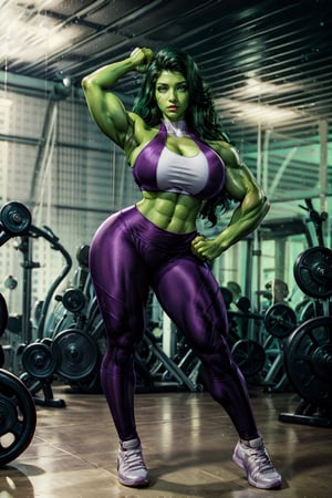 Detailedeyes,  Detailedface,  More Detail,  Realism,  Photorealism, 

1girl,  (solo:1.2),  woman,  30yo,  ((shehulk, she hulk(marvel))), milf,  beauty, (dark green skin),

{((purple and white halter neck top)), ((purple yoga pants)), ((bare_shoulders, sleeveless)), (white and purple high tops)},

{(hourglass_figure,  large_breasts:1.4, voluptuous,  curvy_figure,  curvaceous),  (athletic,  abs, muscular:1.4,  muscular_female, muscular arms:1.2,  muscular legs:1.2)},
{(green eyes,  bright_pupils),  makeup,  (smile)}, 
 
{(green_hair, long_hair, side_part, shiny_hair)}, 

{(background, gym, blurry)},  (beautiful_face:1.5),  (full_body:1.6),  (masterpiece,  best quality:1.4)
