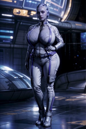 (full_shot:1.5), (full_body:1.7), (masterpiece), (best_quality:1.4), Detailedeyes, Detailedface, better_hands, More Detail, Realism, Photorealism,
 
1girl, (solo:1.2), mature_woman, 30yo, ((Liara)), milf,

{(white_bodysuit)},

{((hourglass_figure), (large_breasts:1.3), voluptuous, curvy_figure, curvaceous, (toned, fit))},

{((ff8bg), background, scifi, high-tech, (space_station|spaceship), command_deck)}, {(standing)},

{(beautiful_face:1.5), (purple_eyes), bright_pupils, makeup, smile)}, 