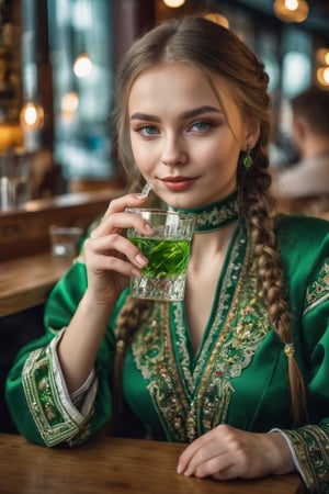 a beautiful russian girl wearing traditional green clothing drinking vodka in a cafe, digital photography, 8k, hyper detailed, good lighting, skin pores, bokeh, portrait