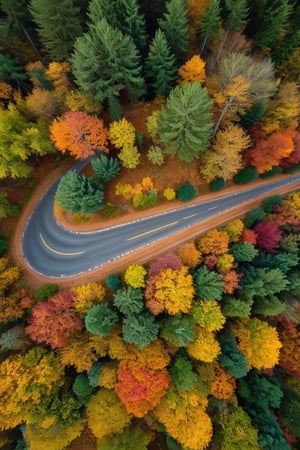 Top-down view of a vibrant forest ablaze with autumn colors, a curved road in the middle of the forest, masterpiece, good lighting, 8k, ((autumn)), photoreal, dappled sunlight filtering through the canopy, wide lens, bokeh.
