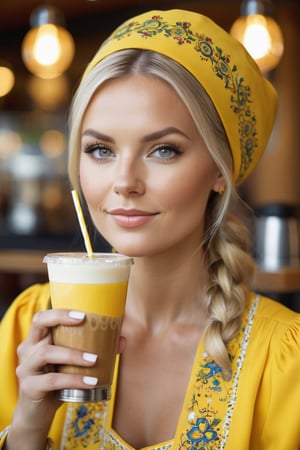 A beautiful Swedish woman, wearing yellow Swedish traditional clothing, in a coffee shop drinking a drink.
masterpiece, Digital photography, portrait, hyperdetailed skin, skin pores, good quality, hyperdetailed, 8k, good composition, bokeh, 