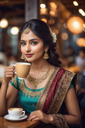 A Beautiful Indian woman drinking in a coffee shop wearing a Indian dress, portrait, digital photography, professional photographer, masterpiece, bokeh, hair light, photorealistic