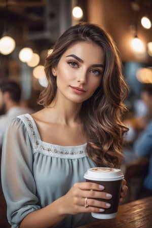 A Beautiful Italian woman, drinking in a coffee shop wearing an Italian clothing, portrait, digital photography, professional photographer, masterpiece, bokeh, hair light, photorealistic,