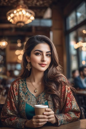 A Beautiful Iranian woman, drinking in a coffee shop wearing an Iranian clothing, portrait, digital photography, professional photographer, masterpiece, bokeh, hair light, photorealistic,