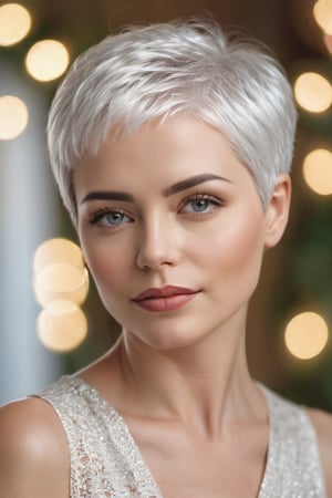 a beautiful woman, short white hair, masterpiece, bokeh, very detailed, digital photography, realistic, portrait, sharp, not retouched, skin pores
