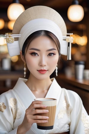 A beautiful Japanese woman, wearing white Japanese traditional clothing, in a coffee shop drinking a drink.
masterpiece, Digital photography, portrait, hyperdetailed skin, skin pores, good quality, hyperdetailed, 8k, good composition, bokeh, 