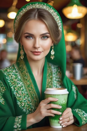 A beautiful Russian woman, wearing green Russian traditional clothing, in a coffee shop drinking a drink.
masterpiece, Digital photography, portrait, hyperdetailed skin, skin pores, good quality, hyperdetailed, 8k, good composition, bokeh, 