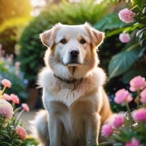 dog, digital photography, masterpiece, bokeh, portrait, in a garden, good lighting, flowers, 8k