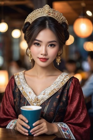 A beautiful philipino woman, drinking in a coffee shop wearing a traditional philipino clothing, portrait, digital photography, professional photographer, masterpiece, bokeh, hair light, photorealistic