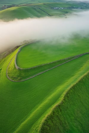 Top-down view of a lush Irish countryside dotted with emerald green hills and ancient stone walls, masterpiece, good lighting, 8k, ((spring)), photoreal, soft morning mist rising from the valleys, wide lens, bokeh.