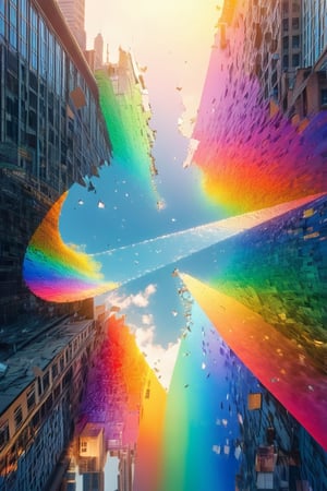 A city sprawls across the fragmented surface of a broken mirror, buildings reflected and distorted in shattered shards. Rainbows leak from the cracks, revealing glimpses of another dimension. Masterpiece, 8k, surreal, dreamlike lighting, kaleidoscopic reflections, birds-eye view, masterpiece, good lighting, 8k, photoreal, wide lens
