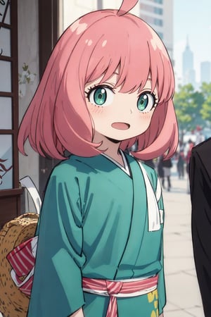 Best Quality, Masterpiece, Hi-Res, Solo, (anya_forger_spyxfamily:1.15), Pink Hair, Green Eyes, Open Mouth, Bangs, 1 Girl, Closed Mouth, Meme, Ahoge, Upper Body , medium hair, 16 years old, xd, kimono, landscapes,