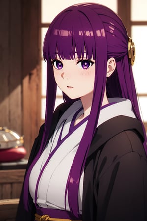 purple eyes, blunt bangs, sidelocks, half updo, bright pupils, 1 girl, purple hair, long hair, women, upper_body, light blush, kimono, Washitsu,