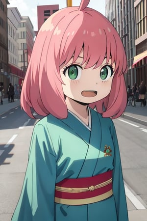 Best Quality, Masterpiece, Hi-Res, Solo, (anya_forger_spyxfamily:1.15), Pink Hair, Green Eyes, Open Mouth, Bangs, 1 Girl, Closed Mouth, Meme, Ahoge, Upper Body , medium hair, 16 years old, xd, kimono, landscapes,