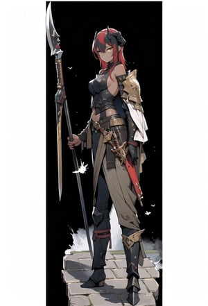 dark_skin_female,horns,gold_eyes,red_hair,Halberd,cloak,armor,spider web print,navel,armored dress,,cropped shoulders,genshinweapon,beautiful_face,anklet,barefoot,1 girl,Axe,holding a halberd,BowHolding,basic_background