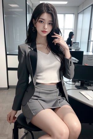 masterpiece, best quality, highly detailed, raw, 16K, beautiful and anesthetic, cinematic lighting, ambient lighting, sidelighting, warm tone, high contrast, vitrant rich colors, ultra realistic photo, 1office_lady, solo, japanese, 22 years old, calm expression, glamor body type, realhand, (a charming smile:1.1), (a Vogue model  look:1.4), (beautiful and detailed face), delicate facial features, (beautiful and detailed eyes), (long dark wave hairstyle:1.3), hair blown by the breeze, hair past hip, curly hair, cleverage realism, (model), FilmGirl, (wearing a gray office skirt suit:1.4), lowleg_skirt, black pump shoes on bare feet, simple tiny necklace, luxury mansion, modern-beautiful, jewelry, simple tiny earrings, light make-up, facing reality, tight thighs, perfect curve hip line, showing off her beautiful leg, flat stomach, random dynamic pose, (sexy pose:0.8), the girl is sitting on high chair with crossed legs in office, refined posture, finger detailed, (revealing a glimpse of cleavage:0.8), (Background), (office theme:1.3), detailed background, apple, macbook, iMac, seating, coeboy shot, wide shot, (fullbody shot:1.3), Bomi, Young beauty spirit,