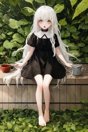 high quality
8 year old girl
albino
long white hair
pronounced nose

green cat eyes
black collar dress
barefoot

on a coffee farm