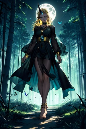 high quality
 serious feminine
 25 years
Long blonde hair, green eyes, white skin.

man long black hair
brown skin
black eyes

golden dress a gold chain around the neck
a crystal horn on the forehead
big red butterfly wings
walking
barefoot

In the middle of a forest, full moon night, INVERTED VERTICAL MONTAGE