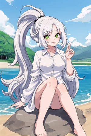 high quality
2 characters
smiling
male boy 16 years old
long white hair in ponytail
Red eyes
White shirt
black bermuda

16 year old girl
long loose white hair
albino
green eyes
big breasts
yellow button shirt

barefoot
sitting in the sand
blue sky
next to a lake