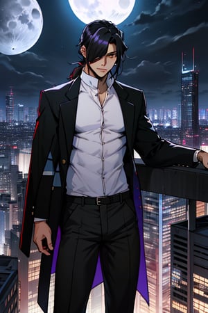 
high quality
20 years

man
long black hair tied in a ponytail, long bangs covering his left eye, brown eyes, black complexion, height 1:70
musculature
no shirt, purple pants   

futuristic city of tall buildings
 at night, full moon
aerial view 

lively