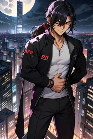 
high quality
20 years

man
long black hair tied in a ponytail, long bangs covering his left eye, brown eyes, black complexion, height 1:70
musculature
no shirt, purple pants   

futuristic city of tall buildings
 at night, full moon
aerial view 

lively